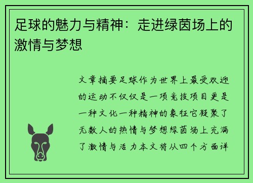 足球的魅力与精神：走进绿茵场上的激情与梦想