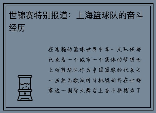 世锦赛特别报道：上海篮球队的奋斗经历