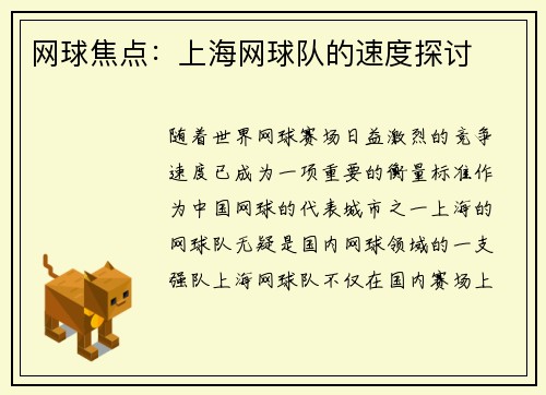 网球焦点：上海网球队的速度探讨