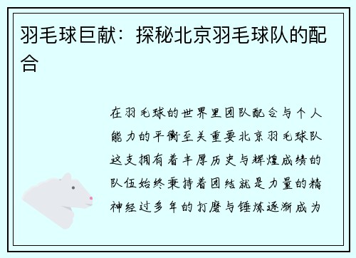 羽毛球巨献：探秘北京羽毛球队的配合