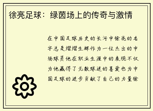 徐亮足球：绿茵场上的传奇与激情