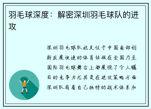 羽毛球深度：解密深圳羽毛球队的进攻