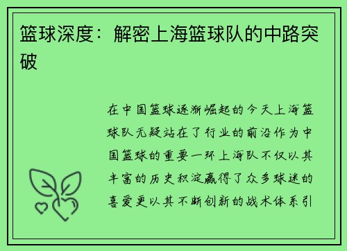 篮球深度：解密上海篮球队的中路突破